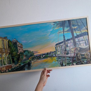 ロクマリアの夕焼けの絵画、カンペール | アクリル画 | 都市風景 42 x 82 cm