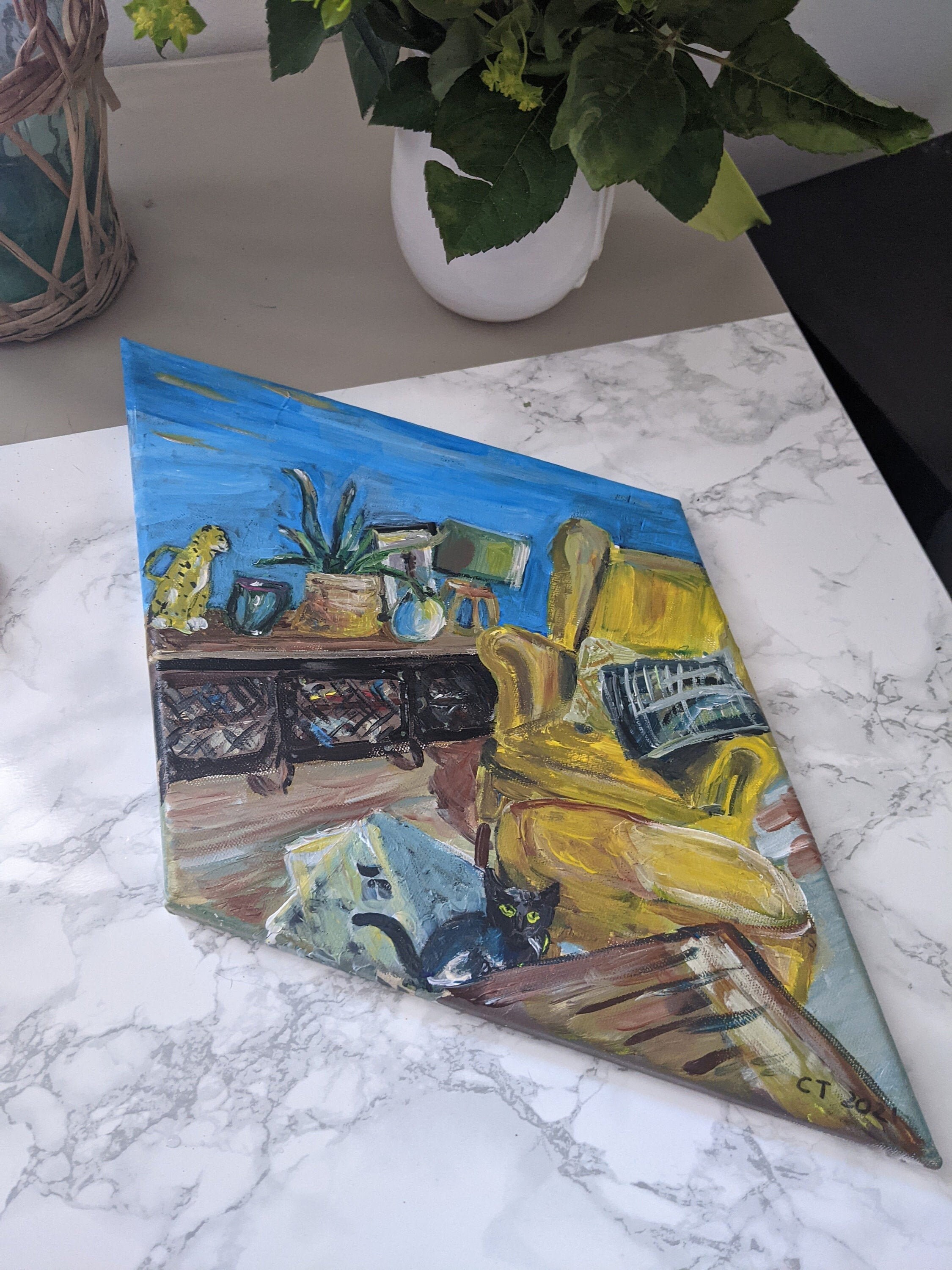 Peinture d'un Salon Colorée avec Un Chat Noir et Fauteuil Jaune | Post-Impressioniste