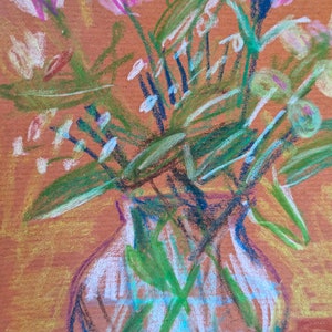 Bouquet de fleurs pastel / Œuvre d'art colorée sur papier / Pastel sec 25x20 cm