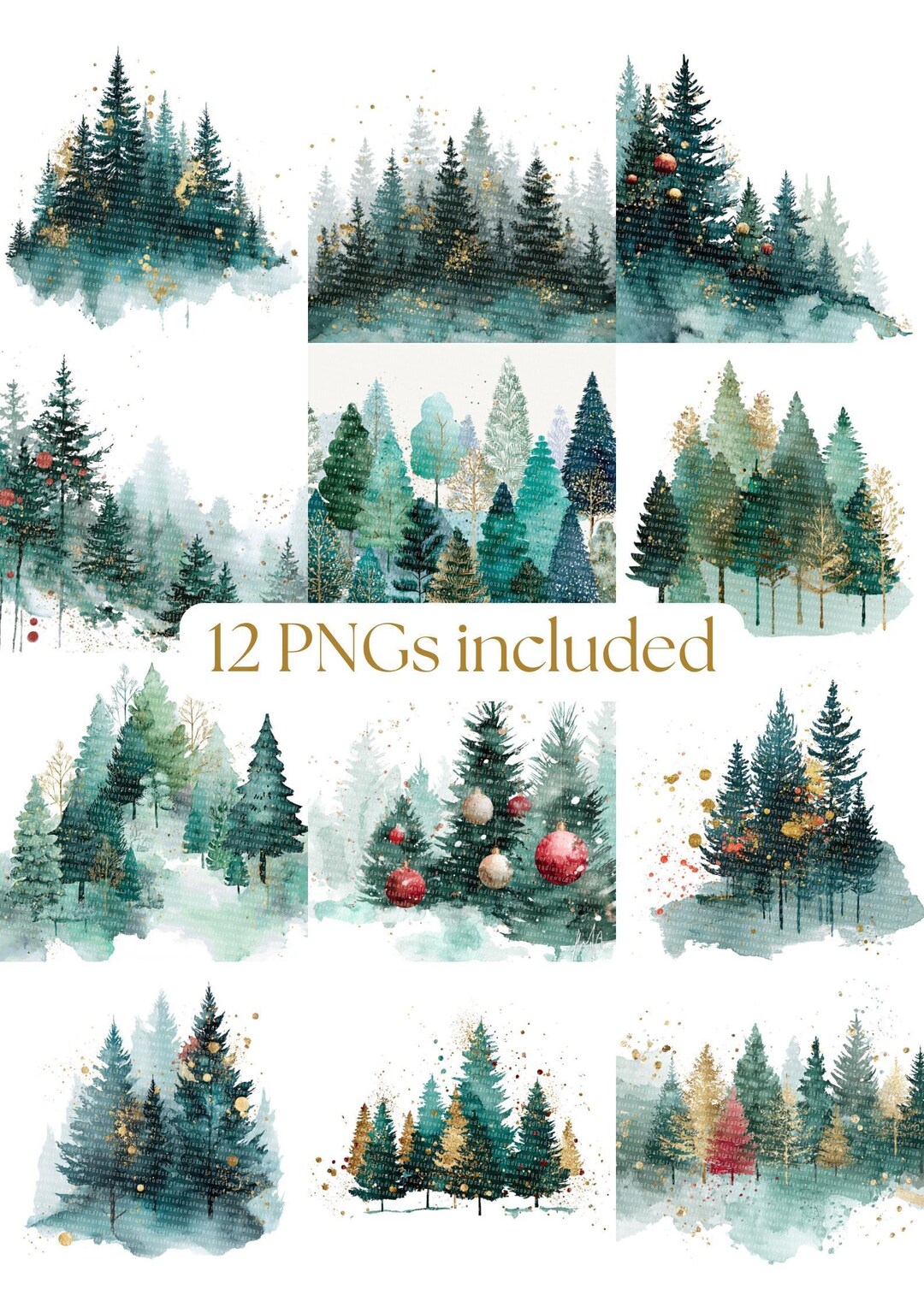 12 Watercolor Christmas Tree Clipart Set, Printable, High Quality PNG ...
