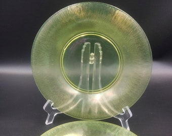 Antique FENTON Iridescent Yellow Uranium Stretch Glass Dinner Plates Set Of 2 Depression Glass Plates