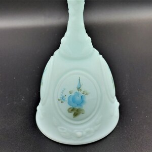 Vintage FENTON SATIN BLUE Glass Rose On Medallion Hand Painted Bell Signed By Artist