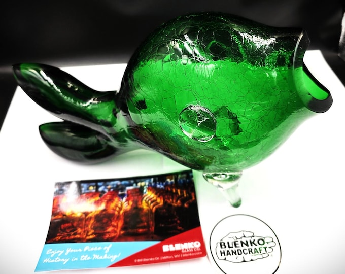 BLENKO Hand Blown Art Glass Green Crackle Glass Large Fish Display ...