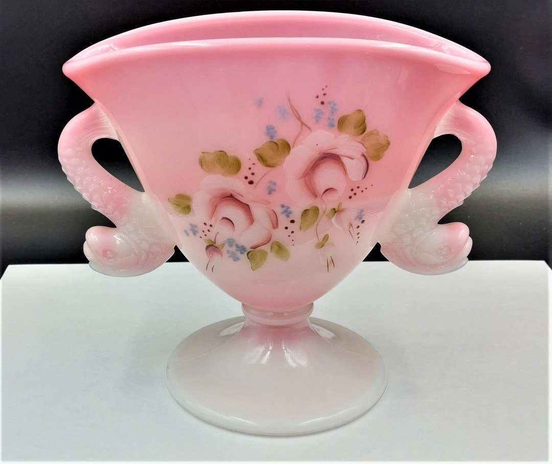 Vintage FENTON Rosalene Pink Double Handle Dolphin Fish Glass Fan Vase