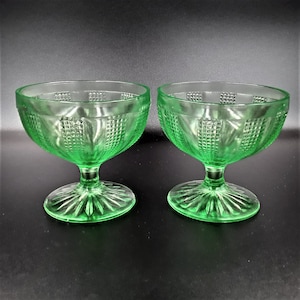 Vintage Green URANIUM Glass Footed Sherbet Set Of 2 Beaded Panel DEPRESSION Glass Dessert Sherbet