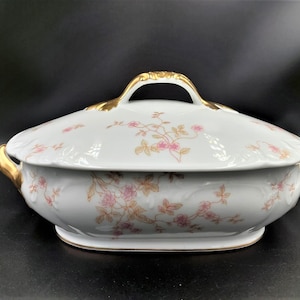 Antique LIMOGES ELITE Double Handle Covered Serving Dish Vegetable Dish Made In France Signed