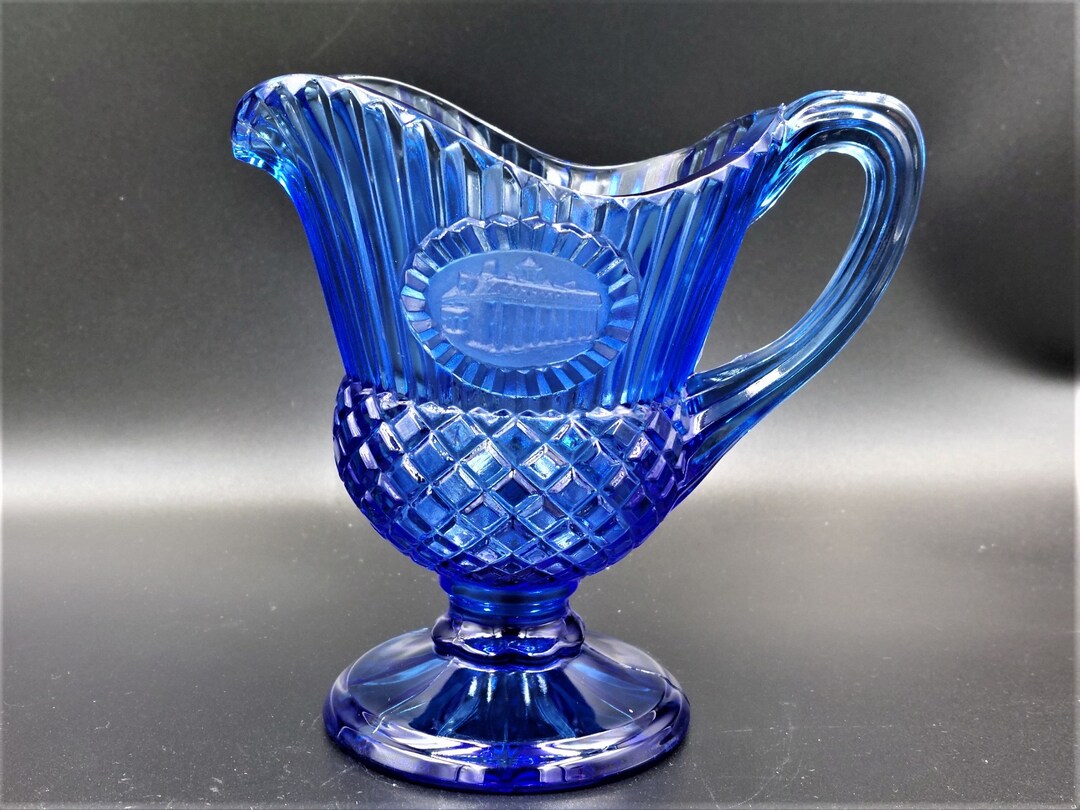 Vintage FOSTORIA Cobalt Blue Glass Pitcher Creamer Made for AVON Mt ...