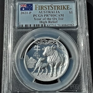 2021-P AUSTRALIA 1 Ounce Silver Coin Year Of The OX High Relief Silver Proof Coin Low Mintage PCGS Graded Proof 70 First Strike With Box