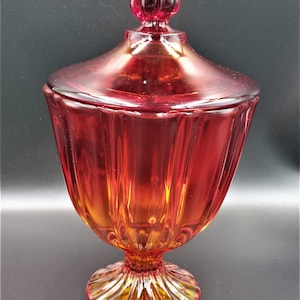Vintage L.E. SMITH Ruby Red Amberina Covered Glass Large Compote Candy Dish Mid Century Modern Glass Retro Glass Excellent Plus Condition