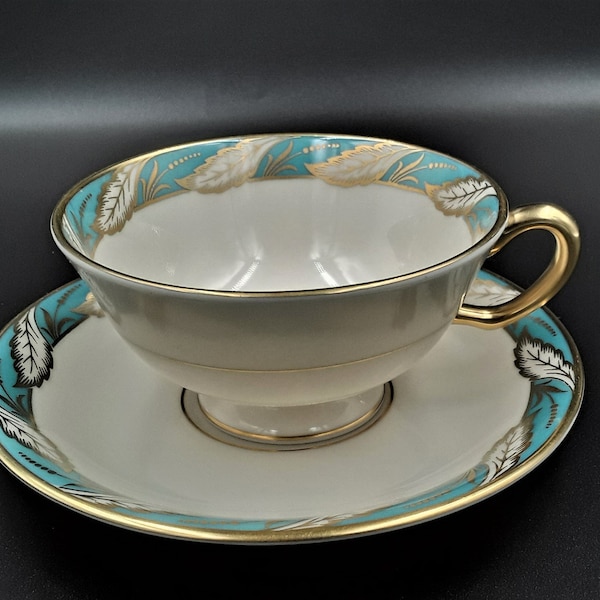 VINTAGE LENOX PORCELAIN China  "Bellvue" Sea Green P524-247 Cup and Saucer Mint- Never Used