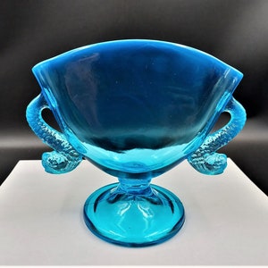Vintage FENTON Double Handle DOLPHIN FISH Blue Glass Fan Vase