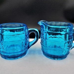 Vintage TIARA INDIANA Glass Blue Barrel Block Optic Sugar & Creamer Set