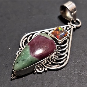Vintage Sterling Silver And Gemstone Pendant Cabochon RUBY In Zoisite & Fire Opal Gemstone Pendant