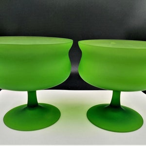 Vintage SATIN GREEN GLASS Footed Sherbet Set Of 2 Elegant Era Glass Sherbet Bowl Dessert Bowls