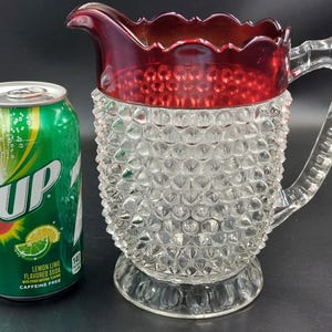 Vintage 1890 DOYLE Hobnail Pitcher With Cranberry Flashing Early American Pressed Glass Pitcher