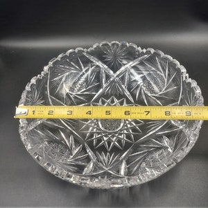 Vintage Wheel CUT Lead CRYSTAL Bowl 10&quot; ELEGANT Sawtooth Edge Pinwheel Style Pattern Display Console Bowl Antique Cut Crystal Bowl