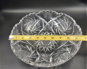 Vintage Wheel CUT Lead CRYSTAL Bowl 10" ELEGANT Sawtooth Edge Pinwheel Style Pattern Display Console Bowl Antique Cut Crystal Bowl