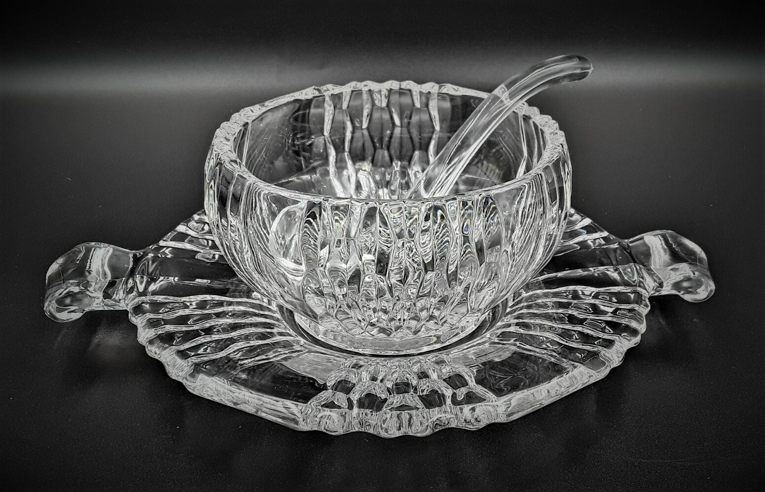 Vintage ELEGANT Glass MAYONNAISE Bowl / Relish Bowl With Spoon & Double Handle Underplate