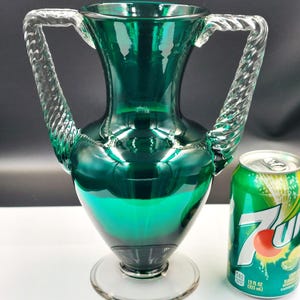 RARE Vintage MORGANTOWN Glass ELECTRA Vase Dark Green Double Handle Hand Blown / Crafted Glass Vase