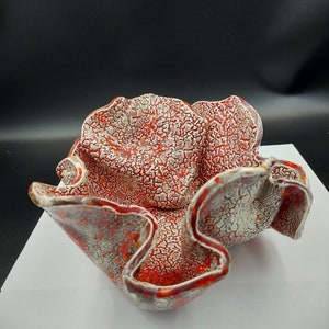 May include: A ceramic bowl with a white and red crackle glaze. The bowl has a unique, organic shape with ruffled edges.