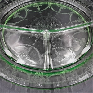 Vintage Anchor Hocking CAMEO BALLERINA Green Uranium Depression Glass 3 Part Grill Plate