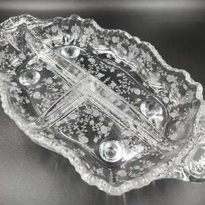 Antique FOSTORIA Etched Glass 3 Part Serving Tray  Serving Dish CHINTZ Pattern Beautiful Preserved Piece !