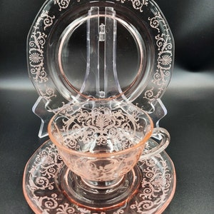 Antique FOSTORIA VERSAILLES Elegant Etched Pink Depression Glass Cup / Saucer & Bread and Butter Plate 1928 - 1943