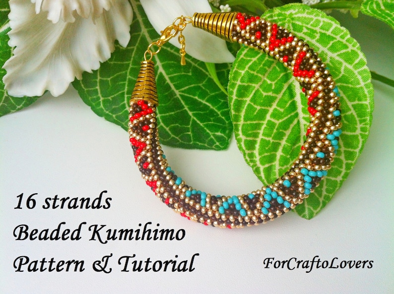 16 strands beaded kumihimo pattern tutorial red turquoise Etsy