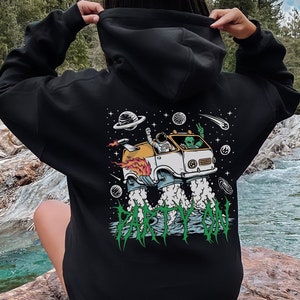 Party On Alien Hoodie | Retro Trippy Clothes | Pullover or Zip Up Hoodie with Green Alien and Astronaut Partying in Space