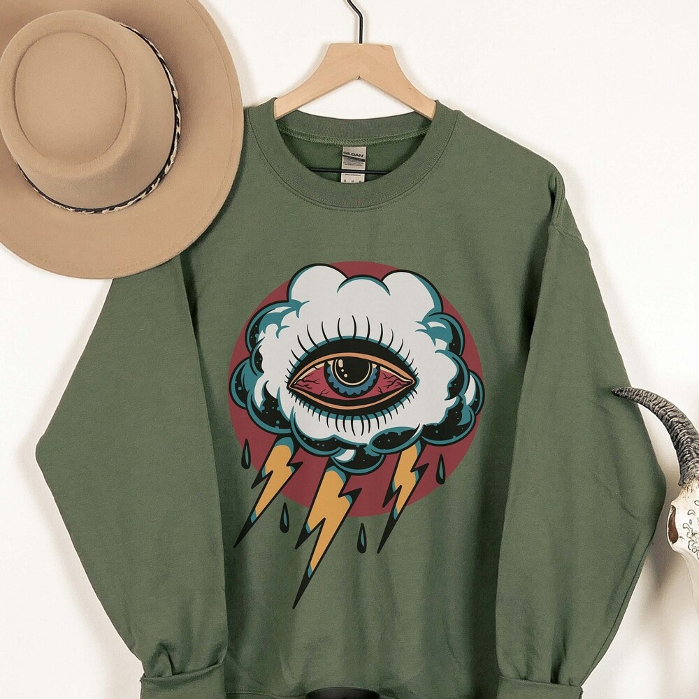 Eye Cloud Weirdcore Sweatshirt | Trippy Tattoo Flash Crewnecks And Hoodies | Unisex Y2K Grunge Tattoo Sweatshirts For Men Women And Youth Looksy