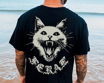 Feral White Cat Graphic Tee: Metalcore Trippy Design