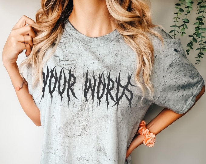 Featured listing image: Custom Printed Heavy Metal Shirt | Personalized T-shirt with Your Text in Gothic Death Metal Font | Alternative Goth Gifts for Men and Women