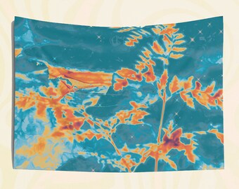 Arazzo Trippy Acid Vision - Arazzo surreale blu e arancione brillante con erba e erba psichedelica per la popolare casa o dormitorio hippie