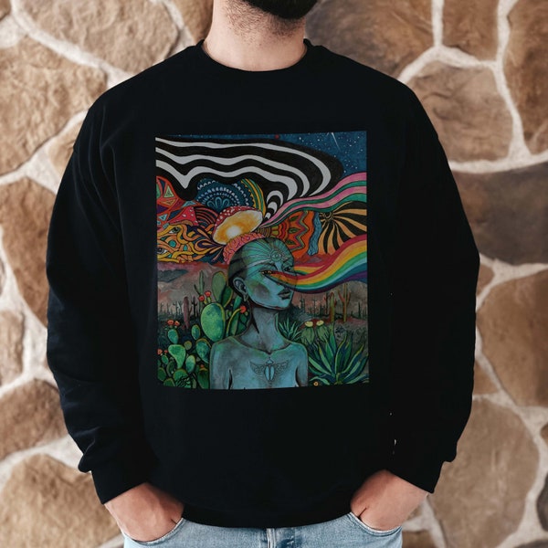 Sweat-shirt Trippy Vision Quest | Vêtements hippies confortables Dreamcore | Ras du cou psychédélique non sexiste | Vêtements Fairycore et Weirdcore