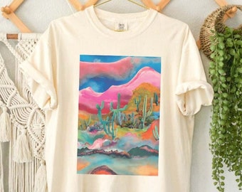 Surreal Desert Dreamscape Tee - Psychedelic Cacti Art - 100% Cotton Unisex T-Shirt - Unique Hippie Clothing for Nature Lovers