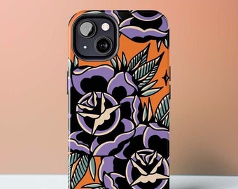 Funda para teléfono con rosa morada / Fundas para teléfono con tatuajes tradicionales americanos / Regalos con estética del desierto del suroeste