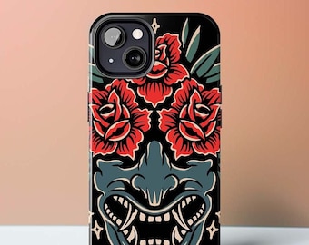 Funda para teléfono Oni / Fundas para iPhone Galaxy y Pixel con tatuaje de rosa espeluznante / Regalos de heavy metal para hombres y mujeres