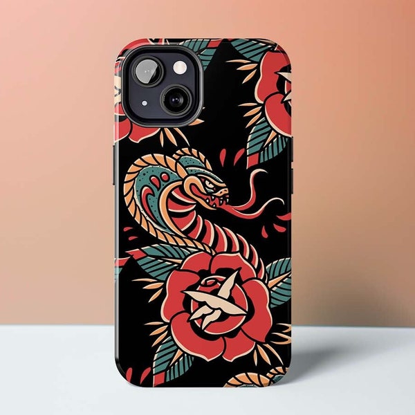 Cobra and Rose Tattoo Phone Case | Cool Phone Case with Snake and Flower | Goth Phone Case for iPhone 15 + More