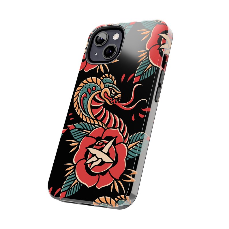 May include: Black phone case with a colorful tattoo-style design featuring a snake and roses.
