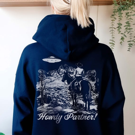 Desert UFO Hoodie: Funny Cowboy Alien Graphic, Unisex Soft Cotton Blend