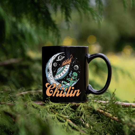 Chillin Alien Mug | Funny Black Ceramic Tea and Coffee Cups for Hippies