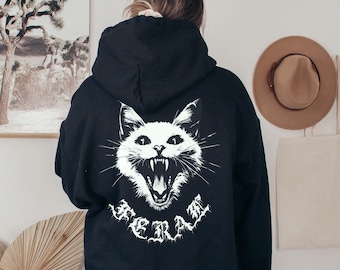 Feral White Cat Hoodie: Metalcore Goth Pullover with Unisex Fit