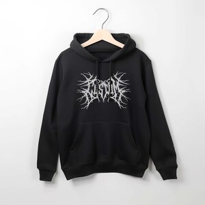 May include: Black hooded sweatshirt with a white graphic print of the word "CUSTOM" in a gothic font with jagged edges.