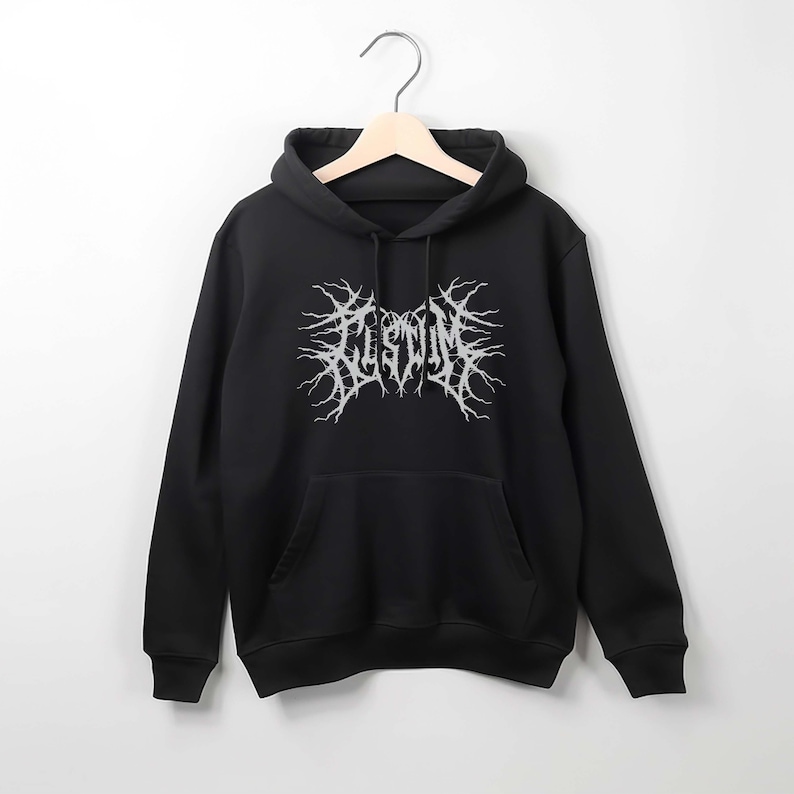 May include: Black hooded sweatshirt with a white graphic print of the word "CUSTOM" in a gothic font with jagged edges.