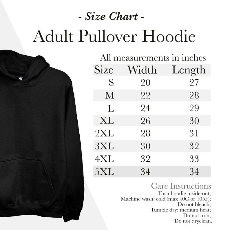 Puede incluir: Tabla de tallas para una sudadera con capucha para adultos. La tabla muestra las medidas de ancho y largo en pulgadas para las tallas S a 5XL.