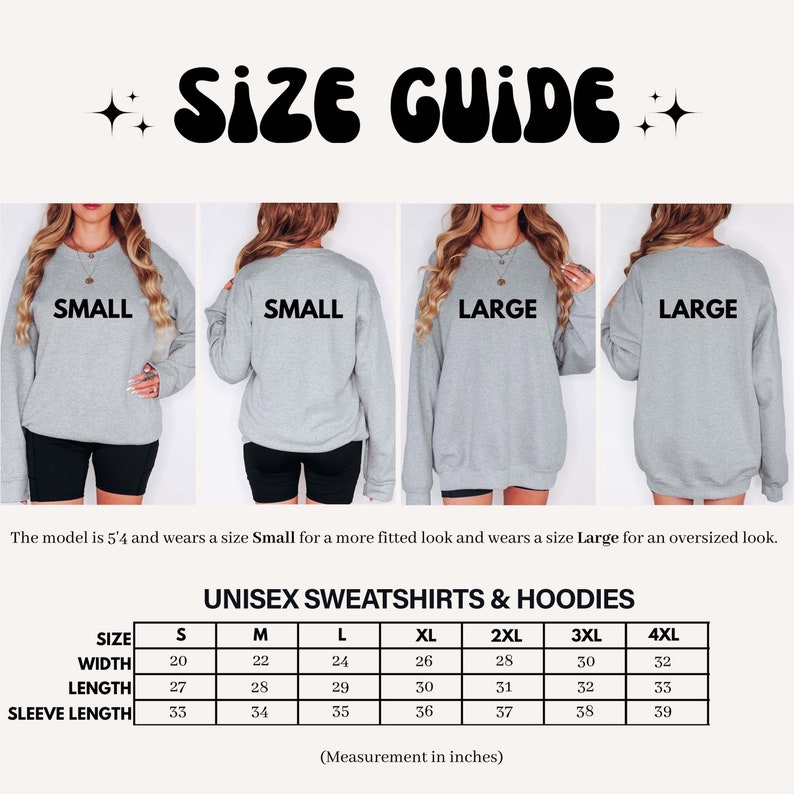 Op de afbeelding: Maattabel voor unisex sweatshirts en hoodies. De tabel toont de maten in inches voor breedte, lengte en mouwlengte voor maten small tot 4XL.