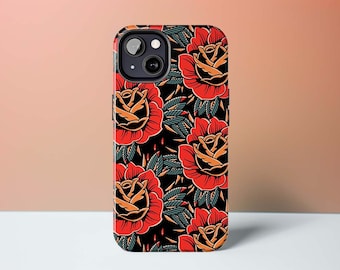 Funda para teléfono con tatuaje de rosa roja / Funda gótica para teléfono con flash de tatuaje de rosa / Funda grunge para teléfono para iPhone 14 + más