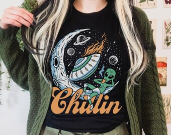 Chillin Alien T-shirt | Cool Alien Graphic Tee with Little Green Man Drinking Coffee