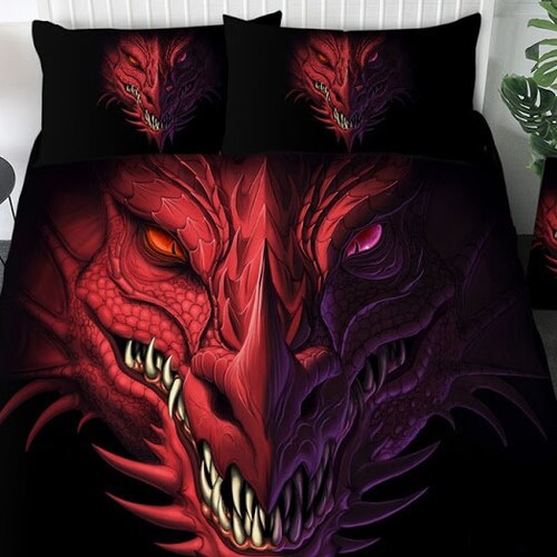 3D Dragon Head Quilt Cover Red Purple Dragon Duvet Cover Demon Etsy