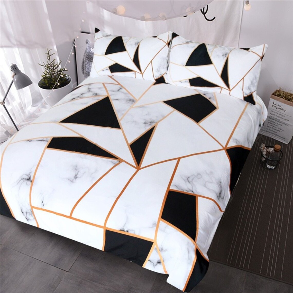 Marble geometric Duvet Cover Gold Black Marble Stone Quilt Etsy